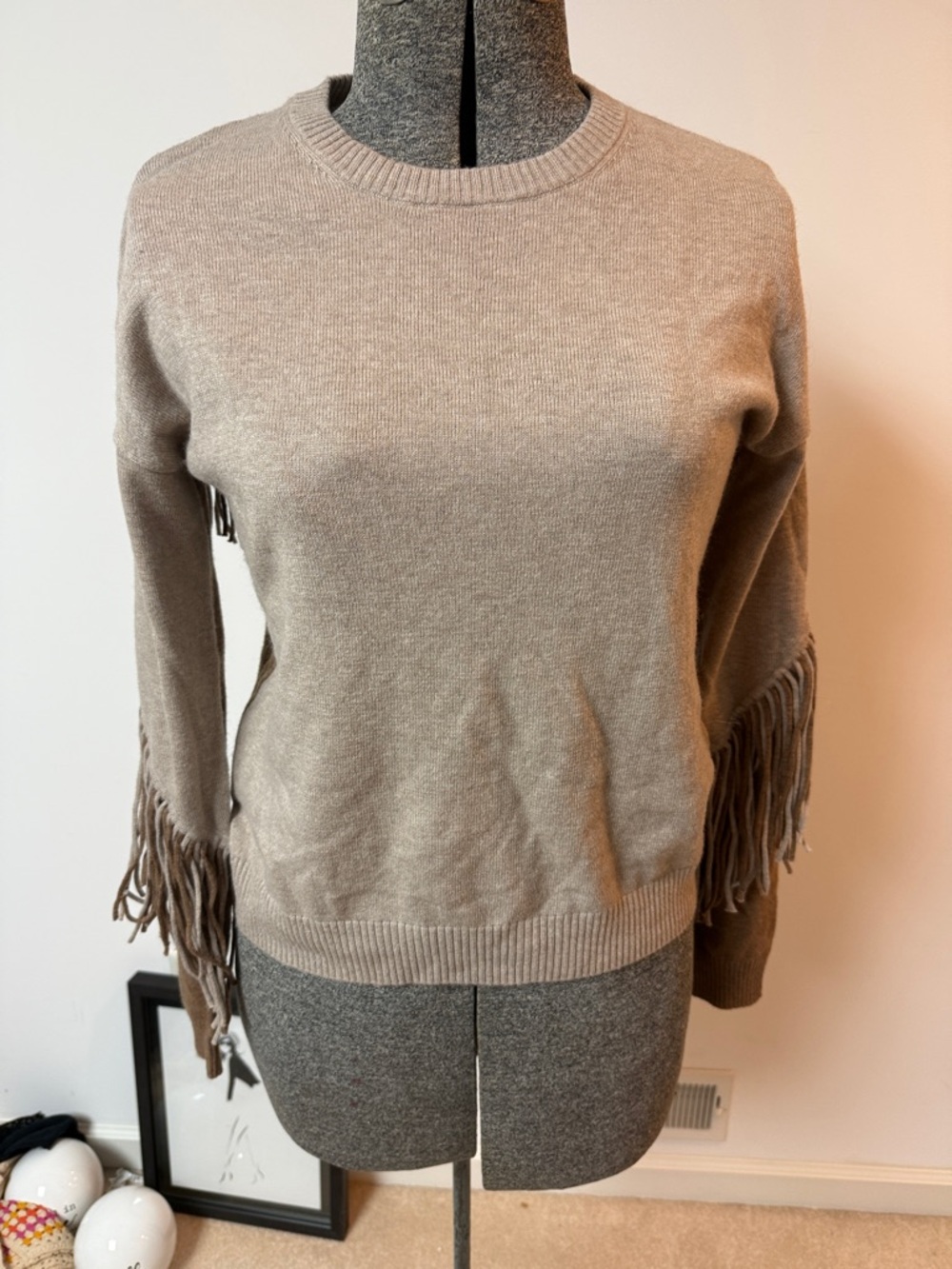 Pinko Taupe Fringe-Trim Crewneck Sweater